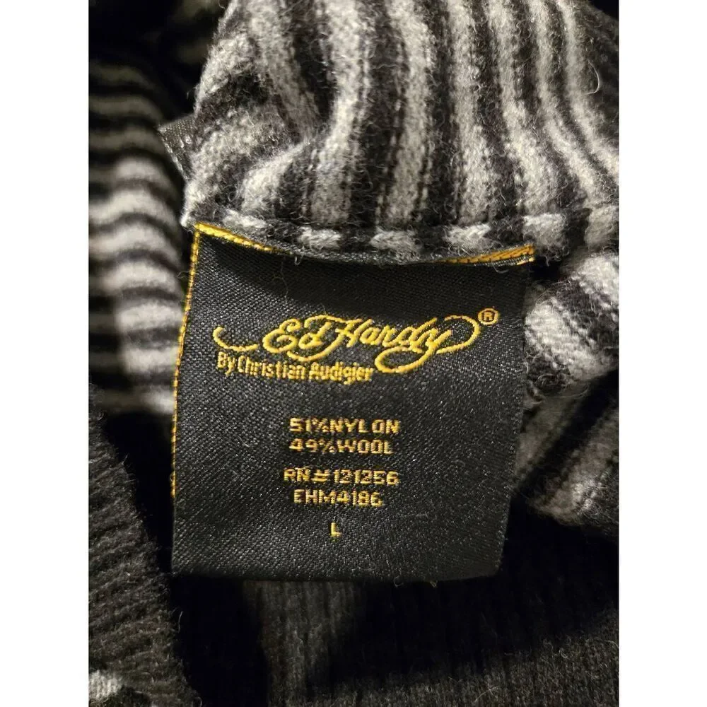 Ed Hardy Unisex Size Large Grey/Black Stripe Wool Blend Full Zip Hooded Sweater